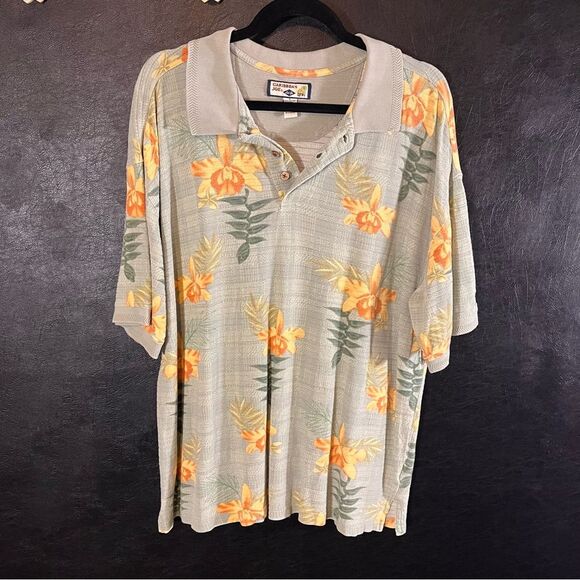 Caribbean Joe Sage Green Hawaiian Floral Polo‎ Size Large - Picture 1 of 10